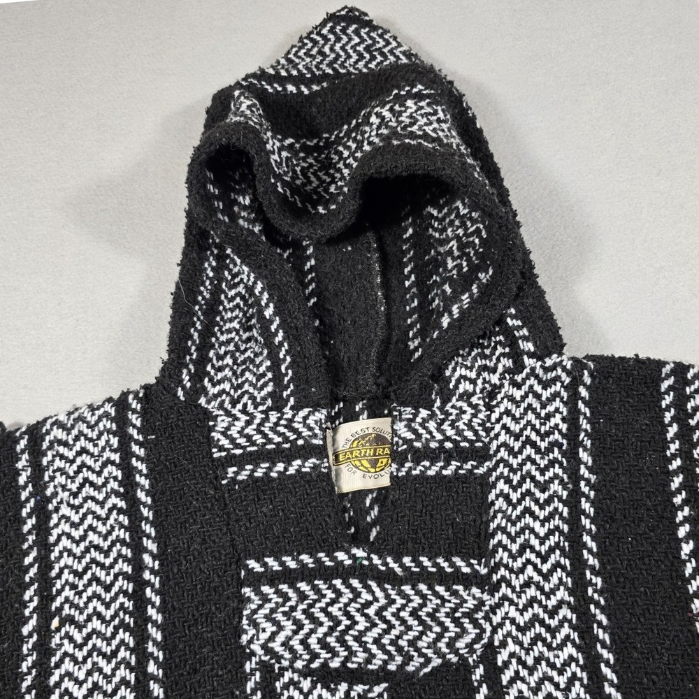 Earth Ragz Mens Small Black Baja Hoodie Pullover Striped Woven Mexican Poncho